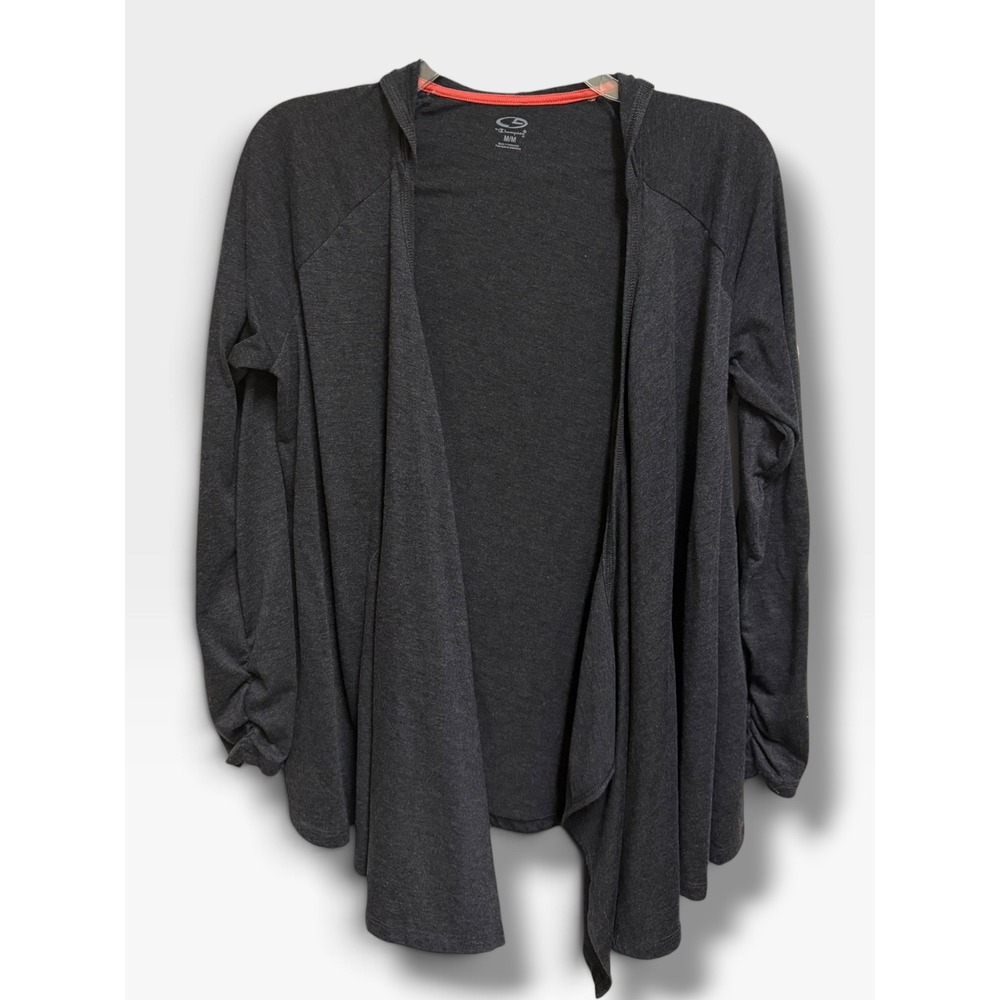 C9 Champion Medium Charcoal Gray Hooded Draped Open Front Cardigan Pockets